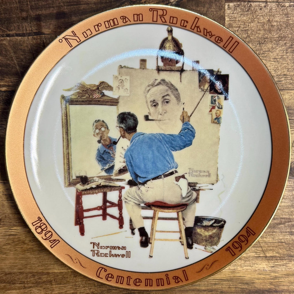 Norman Rockwell Centennial Plate – Triple Self-Portrait, 22K Gold Trim