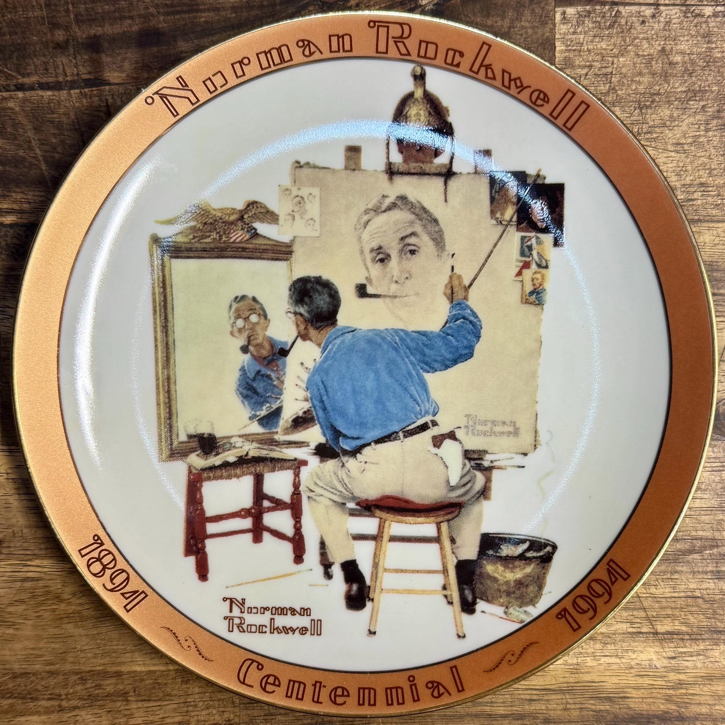 Norman Rockwell Centennial Plate – Triple Self-Portrait, 22K Gold Trim