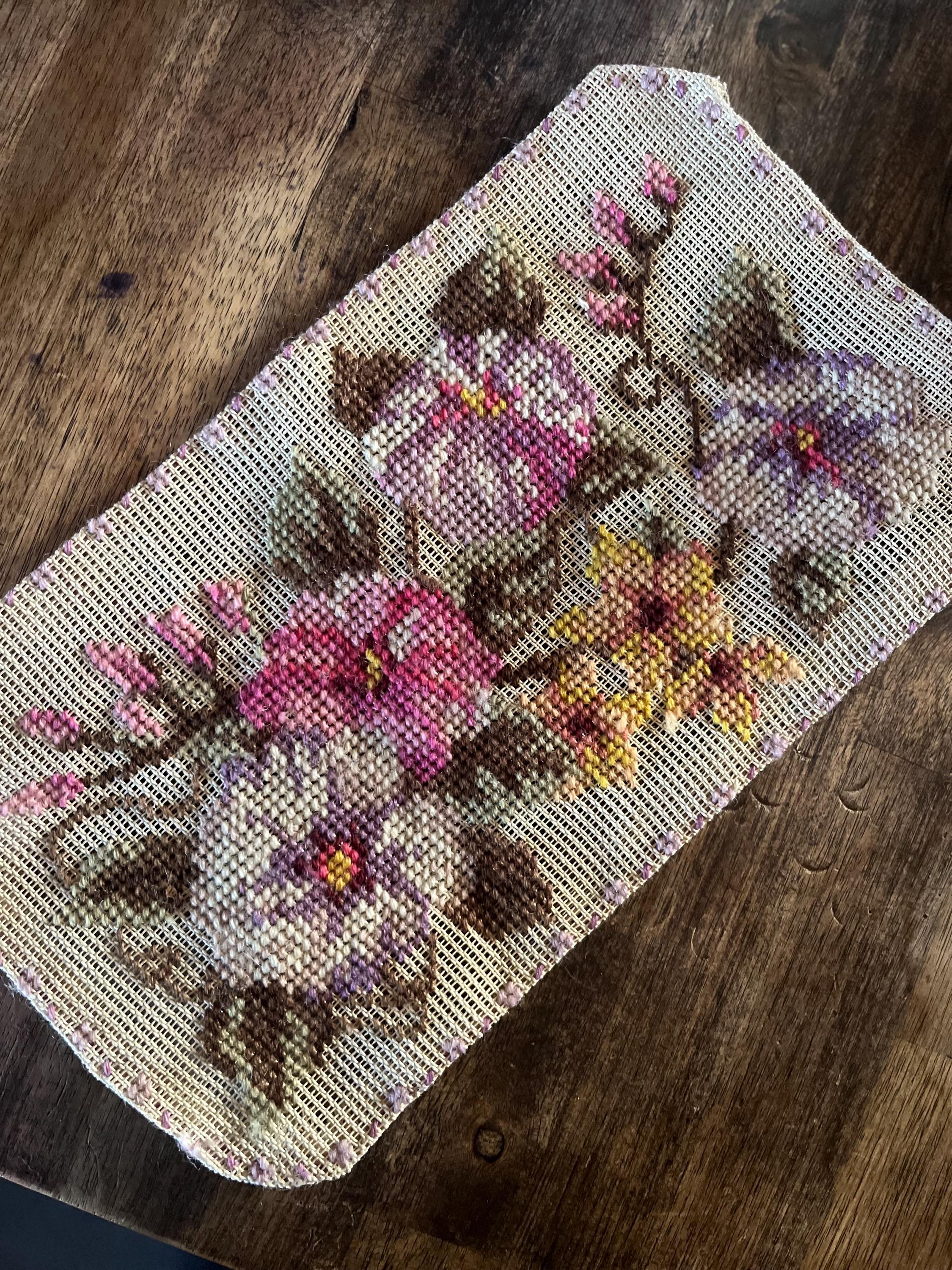 Pansy Floral Panel | Mid-Century Needlepoint Textile | Hand Embroidered