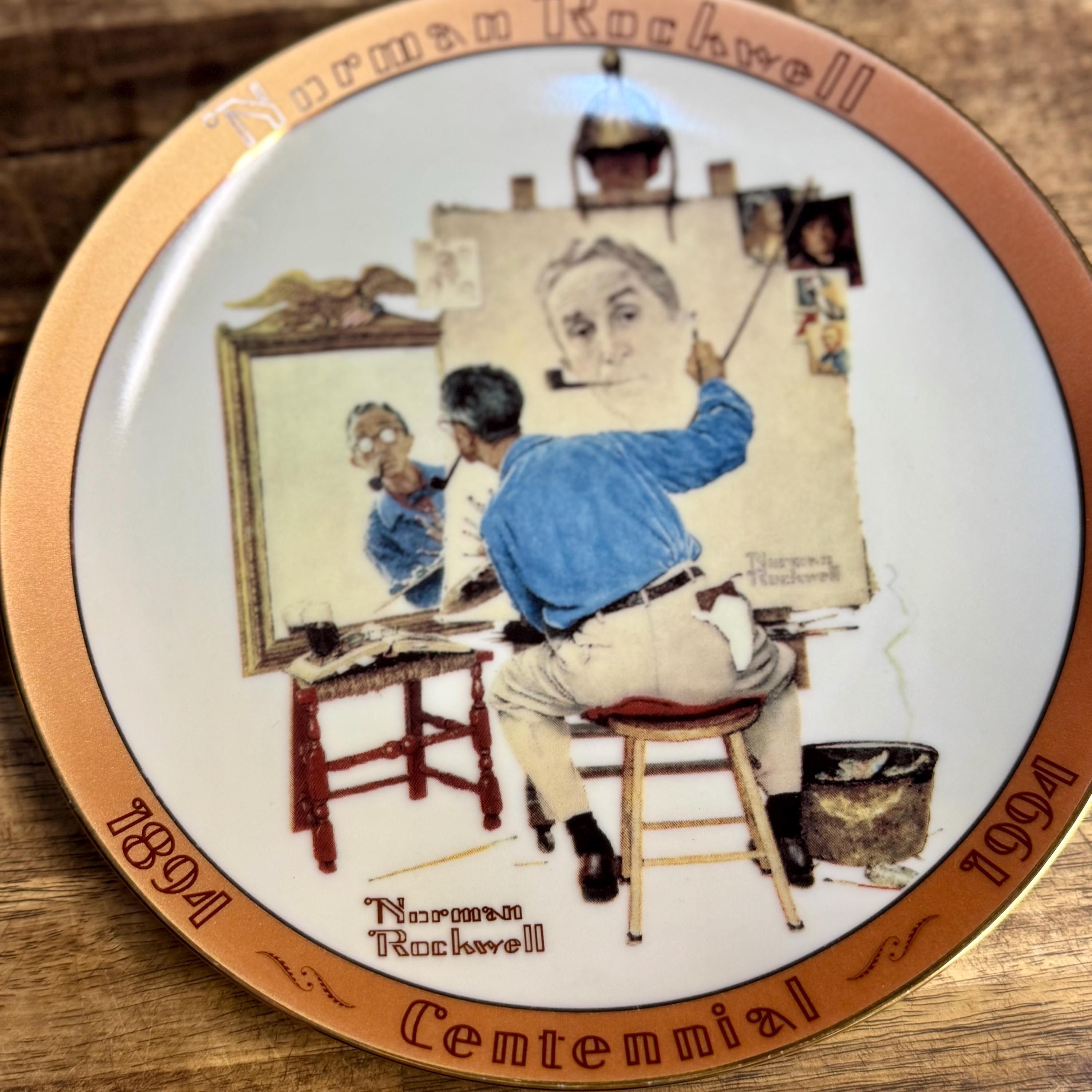 Norman Rockwell Centennial Plate – Triple Self-Portrait, 22K Gold Trim