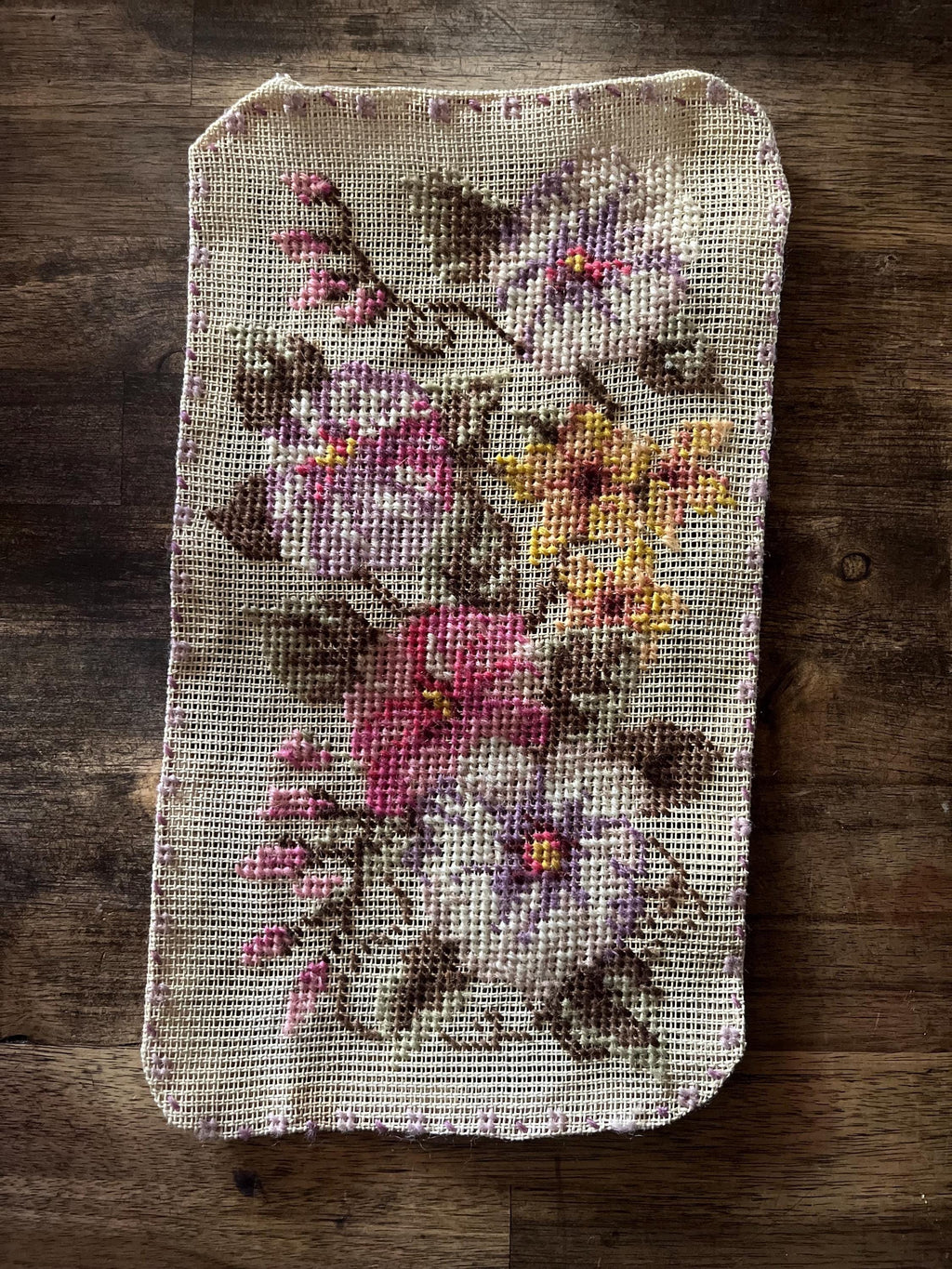 Pansy Floral Panel | Mid-Century Needlepoint Textile | Hand Embroidered