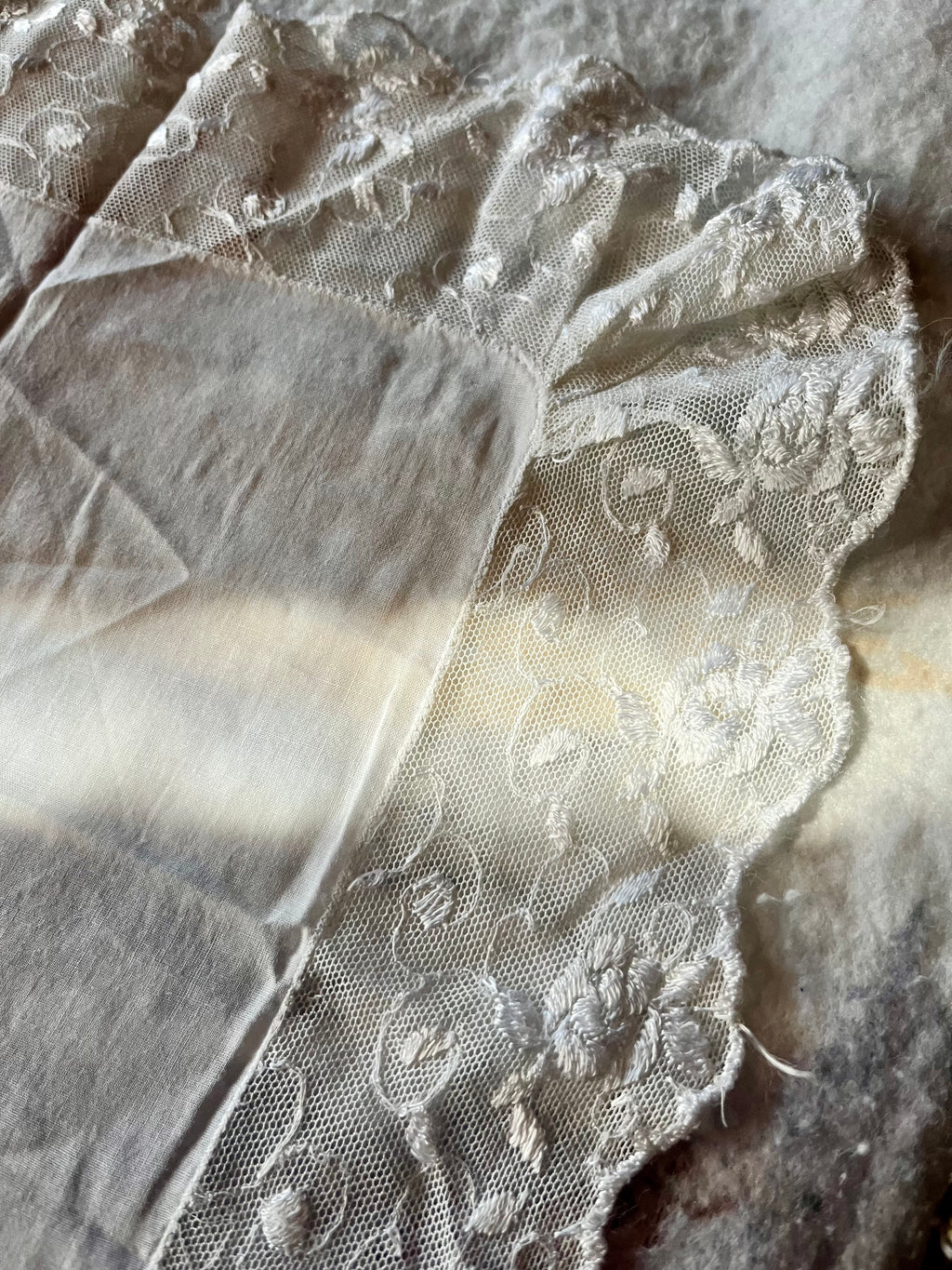 Soft White Lace Handkerchief - Ruffled Floral Rose Border Keepsake