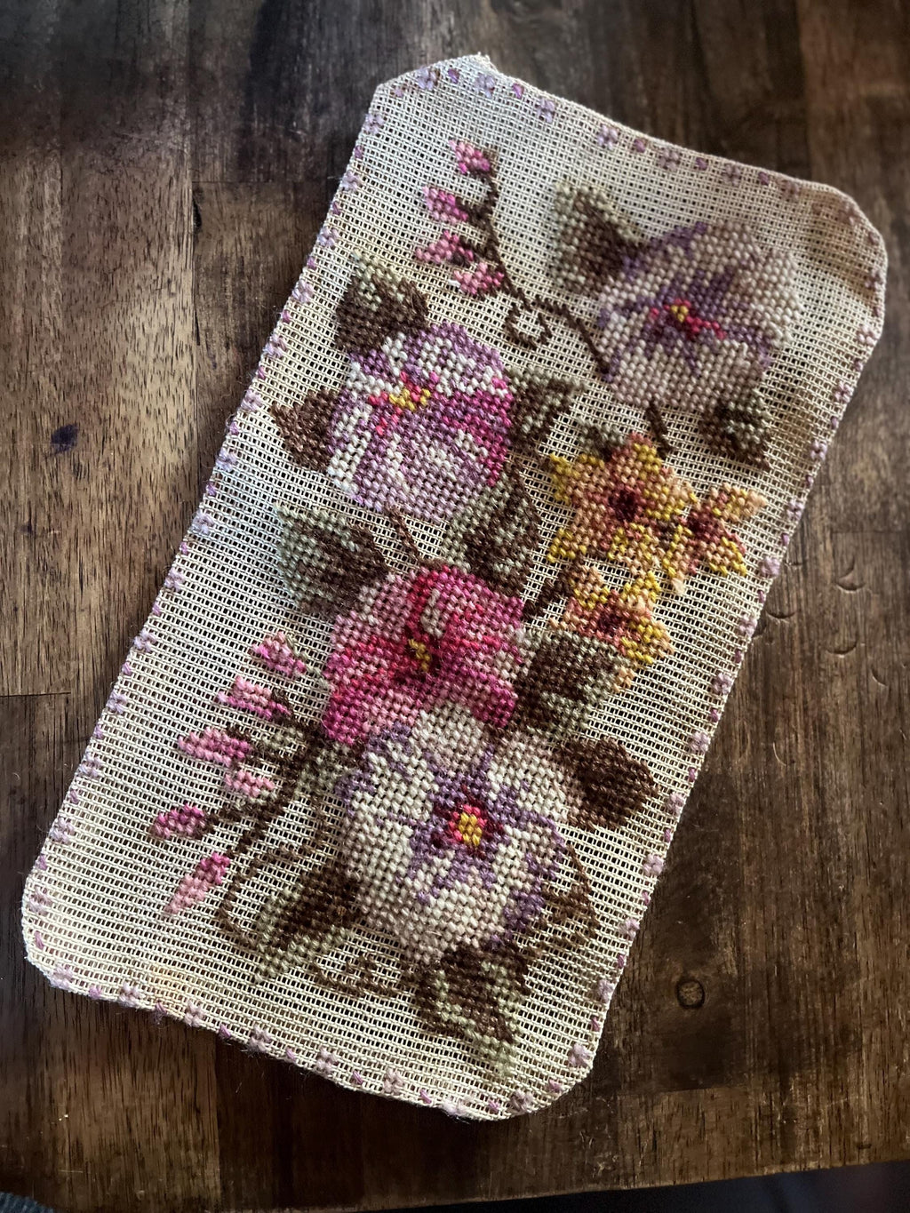 Pansy Floral Panel | Mid-Century Needlepoint Textile | Hand Embroidered
