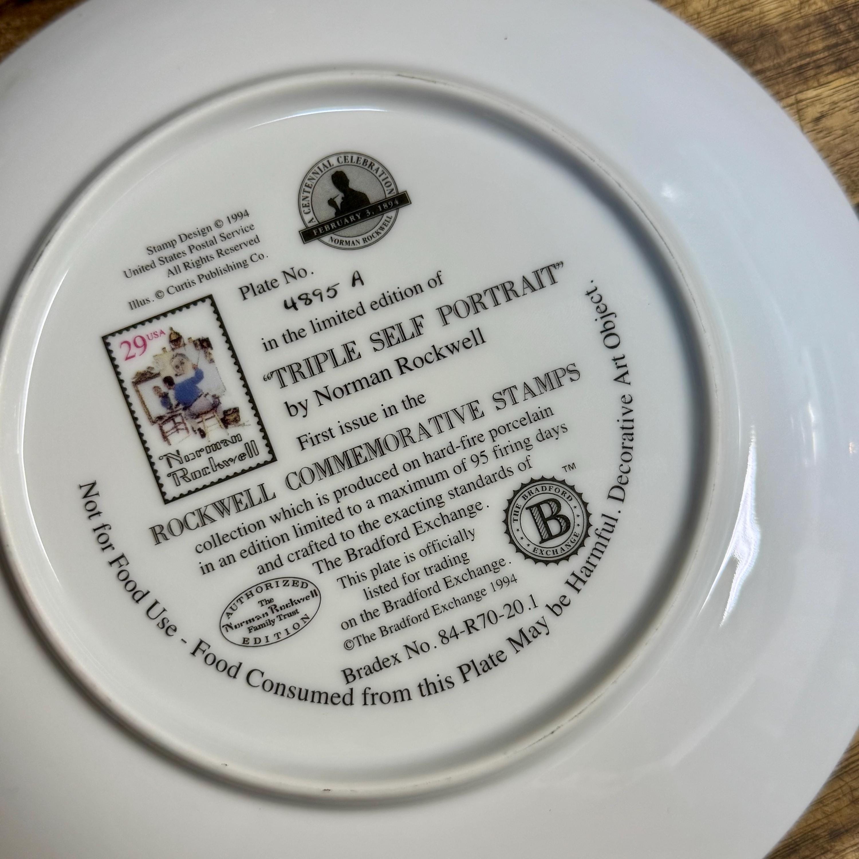 Norman Rockwell Centennial Plate – Triple Self-Portrait, 22K Gold Trim